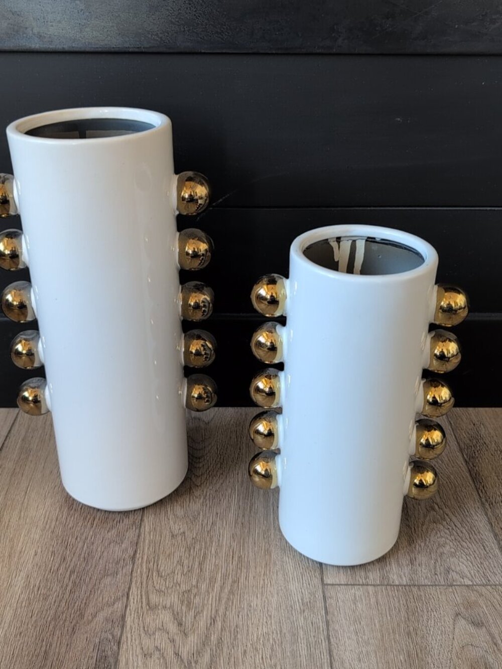 Set Of 2 Ceramic White Cylindrical Decorative Vases With Gold Accents - Picture 2 of 8